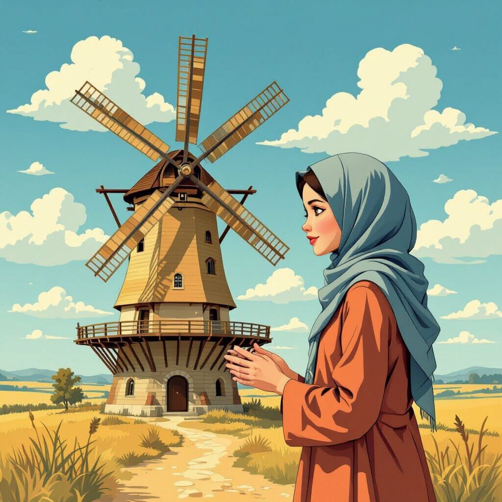 Muslim Girl with Windmill Model in Vibrant Illustration