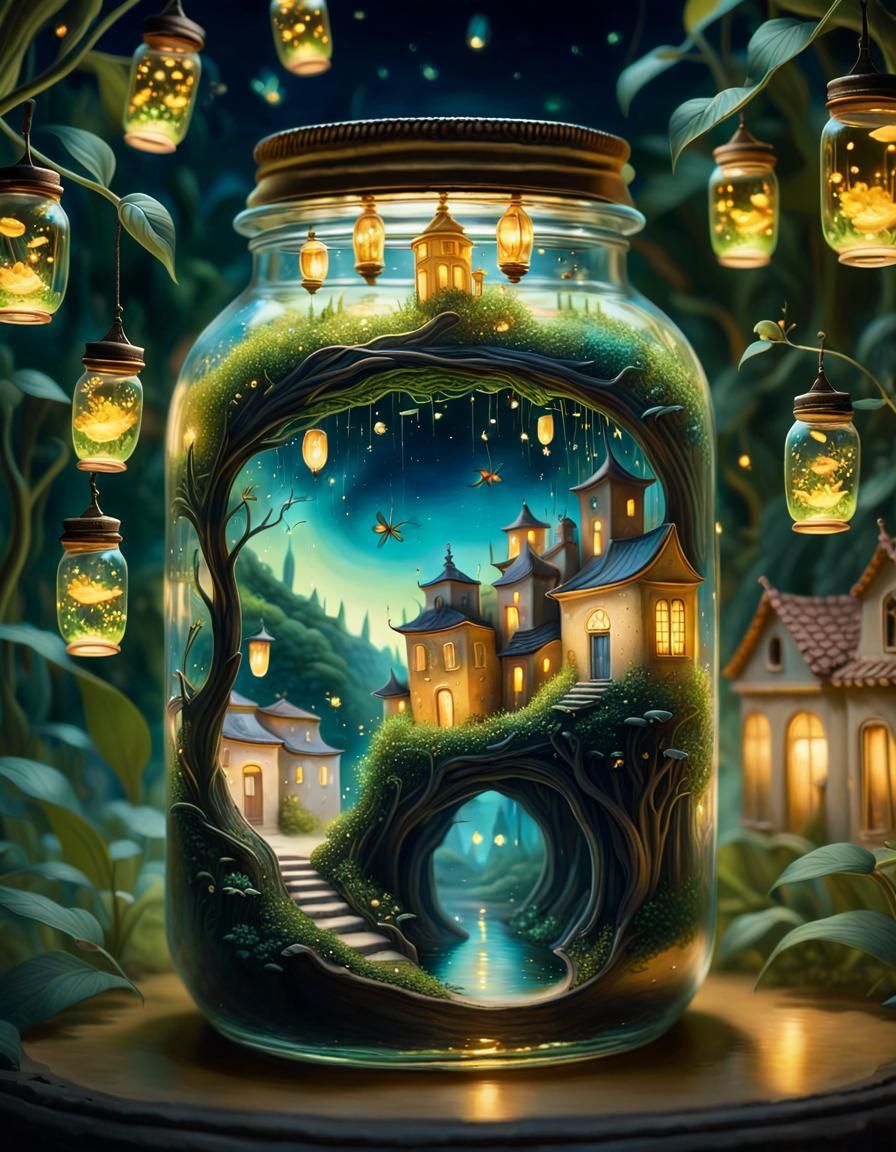 Miniature City in Jar: Surrealist Oil Painting