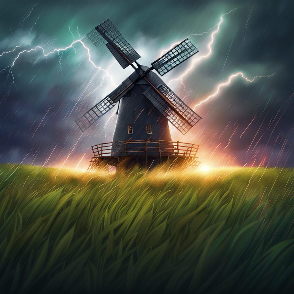 Dramatic Lightning Strikes Windmill in Hyperrealistic Storm