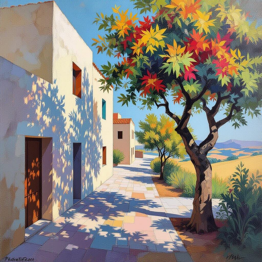 Linear Building with Multicolored Tree in Abstract Style