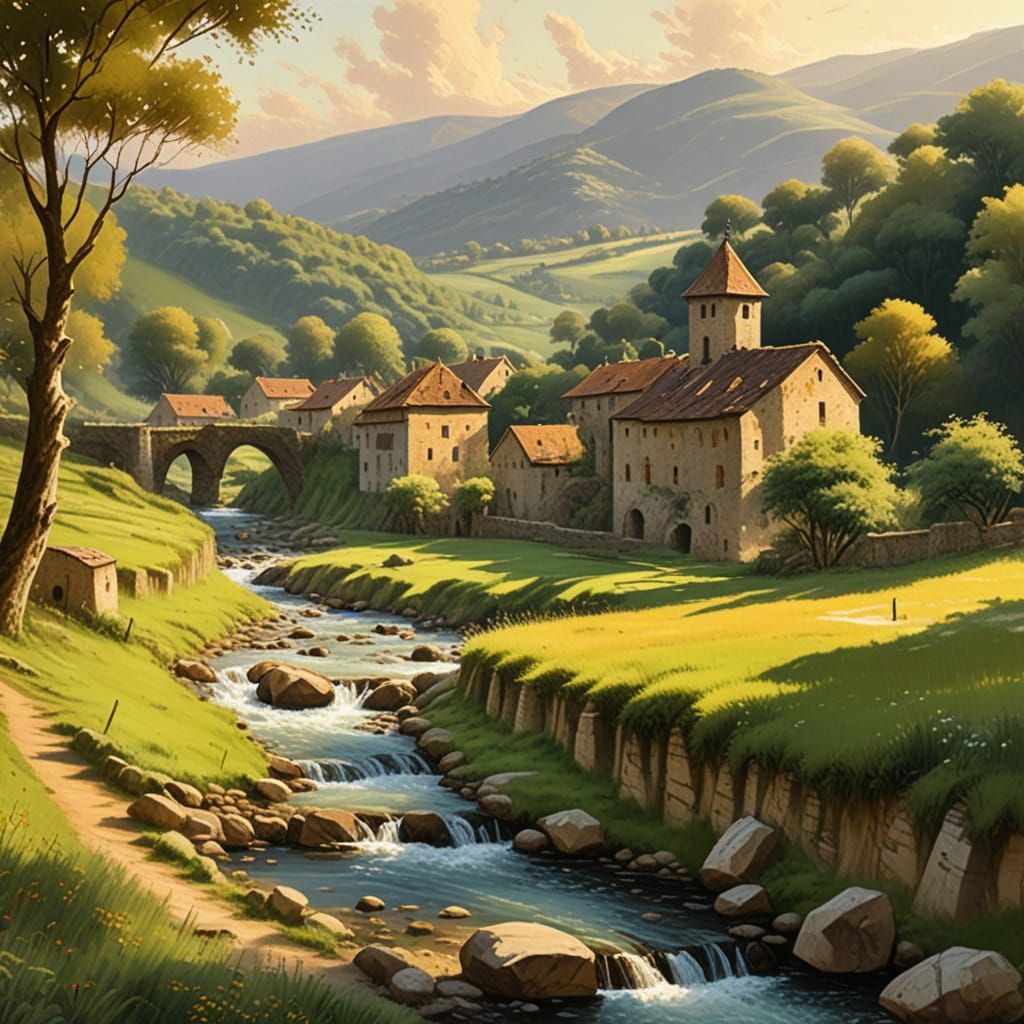 Impressionist Valley Landscape with Ancient Mills
