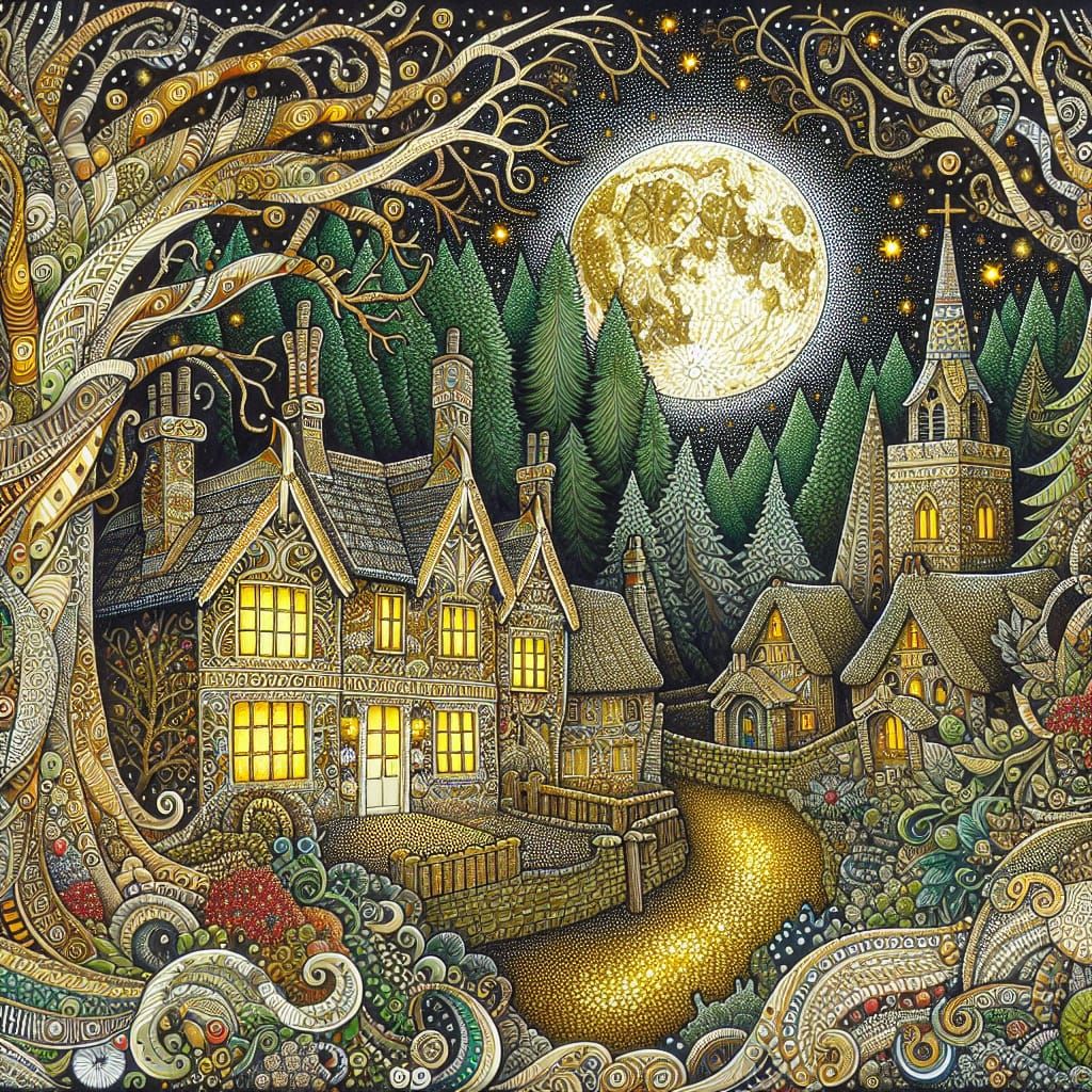 Enchanting Halloween Village in English Forest, Naive Art