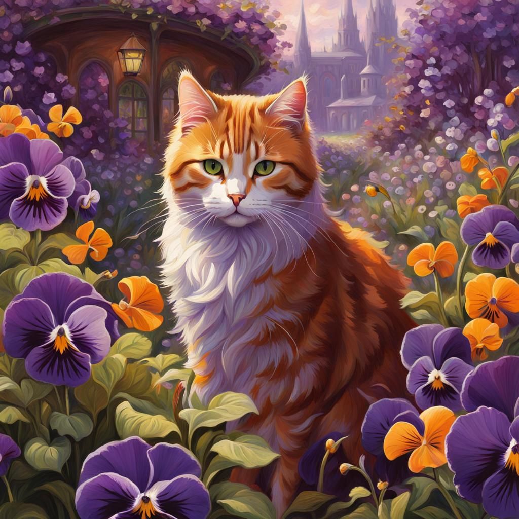 Fantasy Cat in Viola Garden, Anime Style