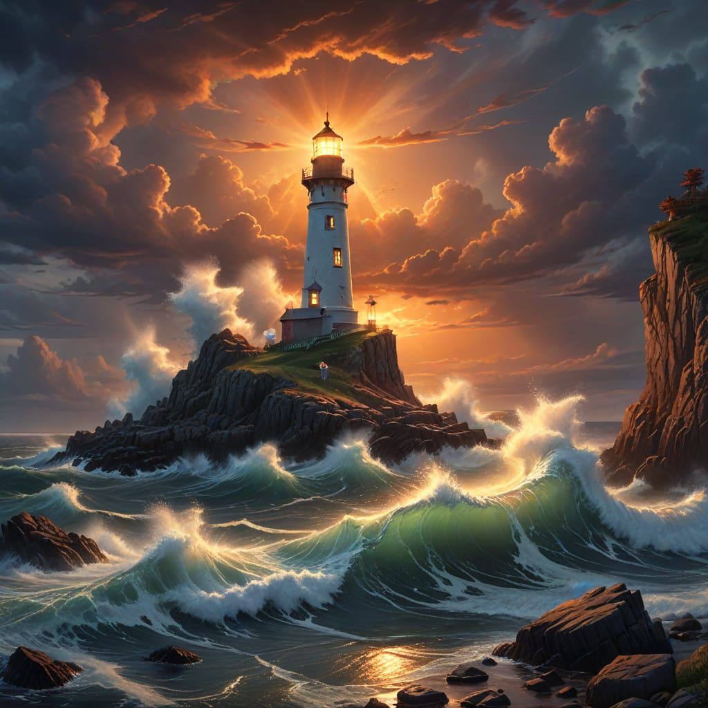 Ethereal Lighthouse at Sunset Amidst Stormy Seas