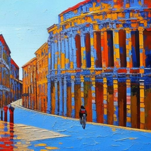 Cycling in Rome: A Neo-Impressionist Oil Painting