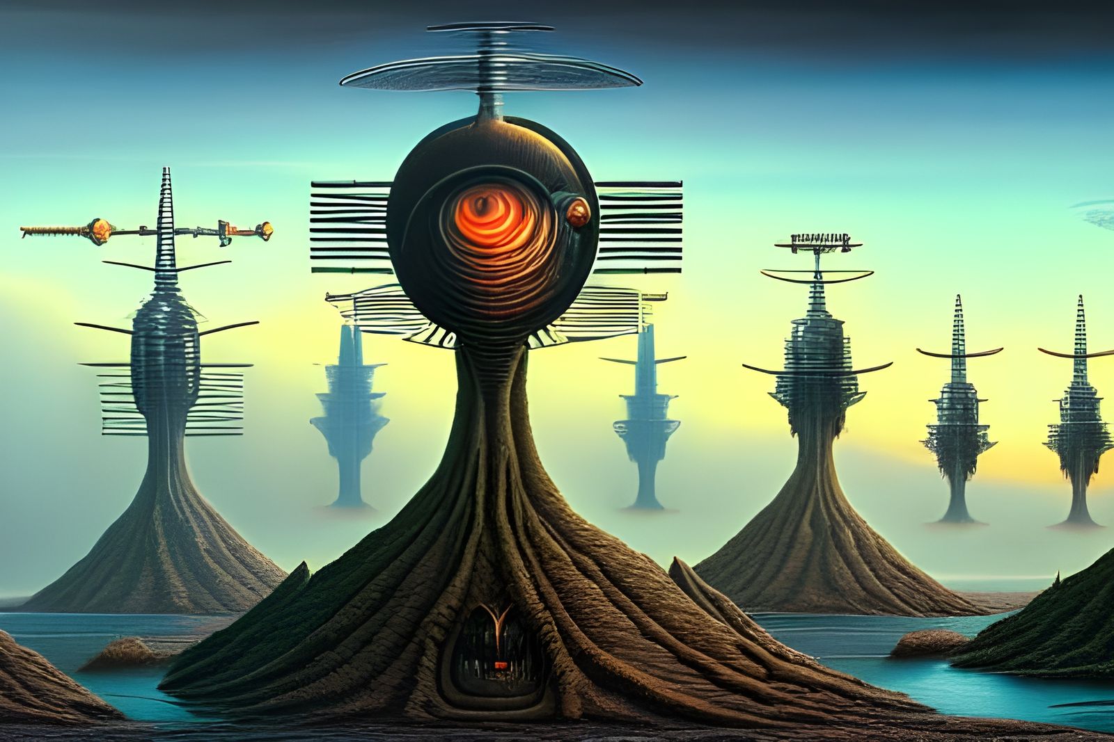 Gigantic Floating Monsters in a Retrofuturistic Landscape