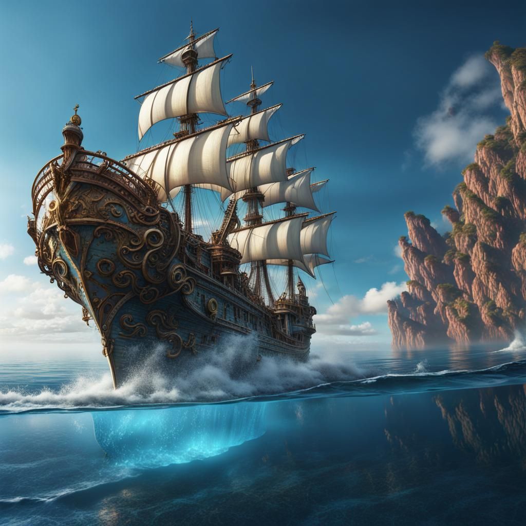 Crystal Ship Sails on Blue Sea: Fantasy Art