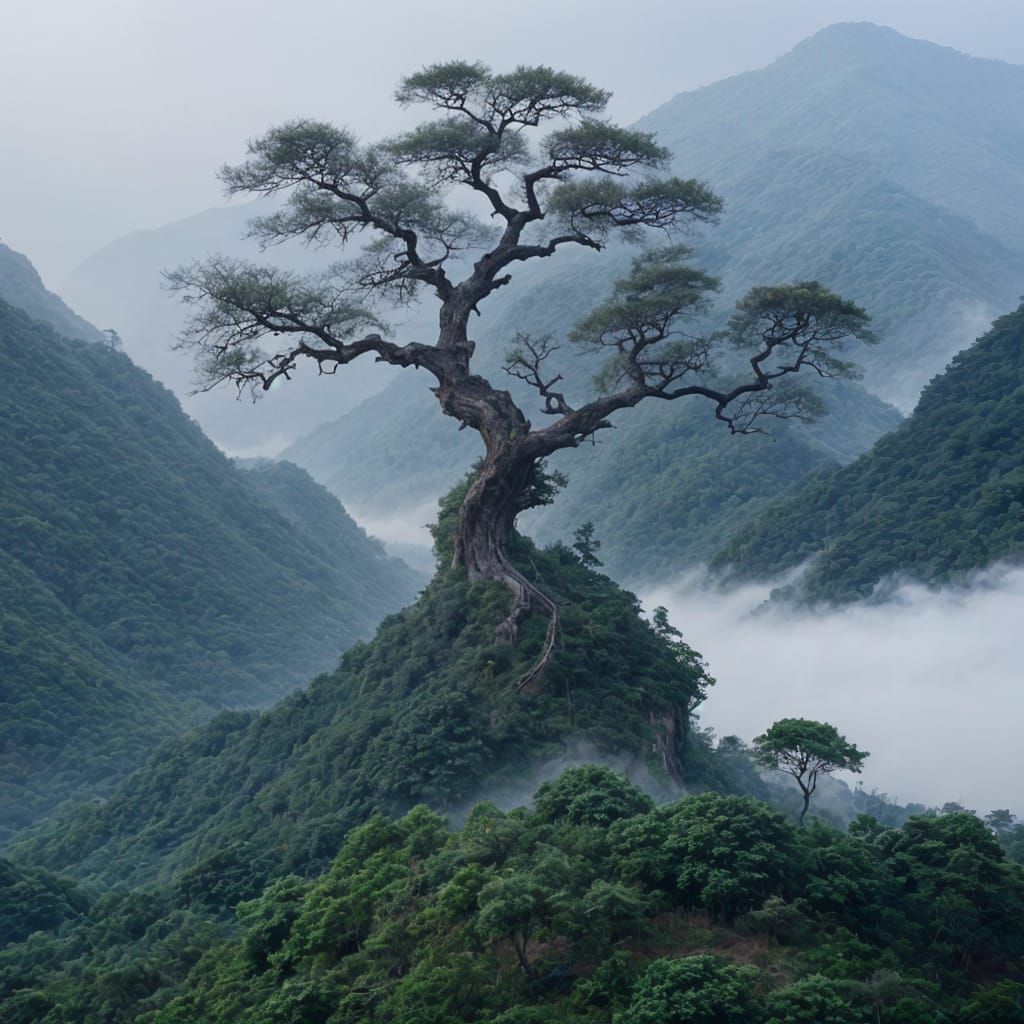 Misty Chinese Landscape with Ancient Tree
