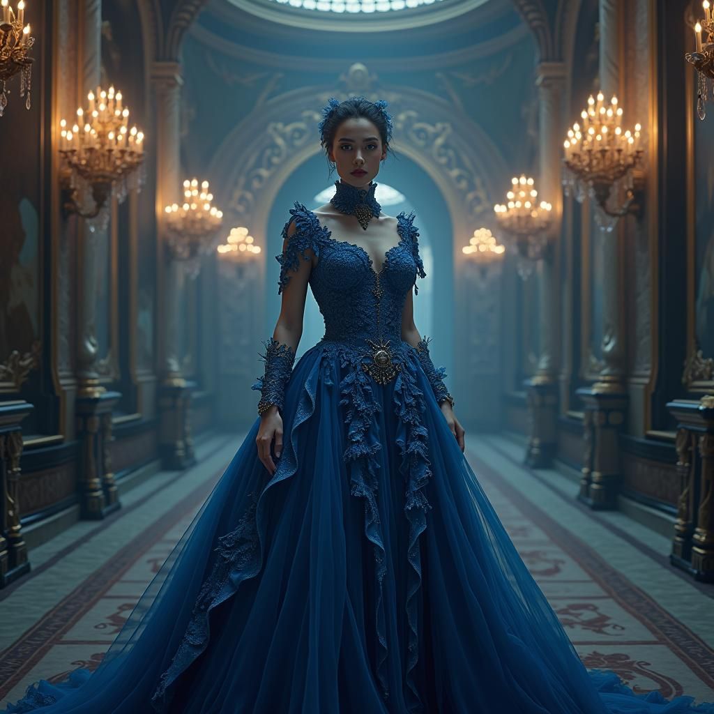 Ethereal Woman in Mystical Ballroom, as Digital Art