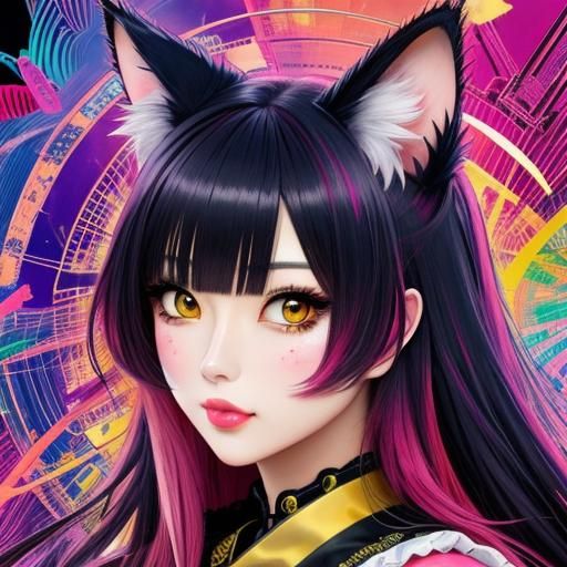 Anime Cat-Eared Girls in Colourful Maximalist Style