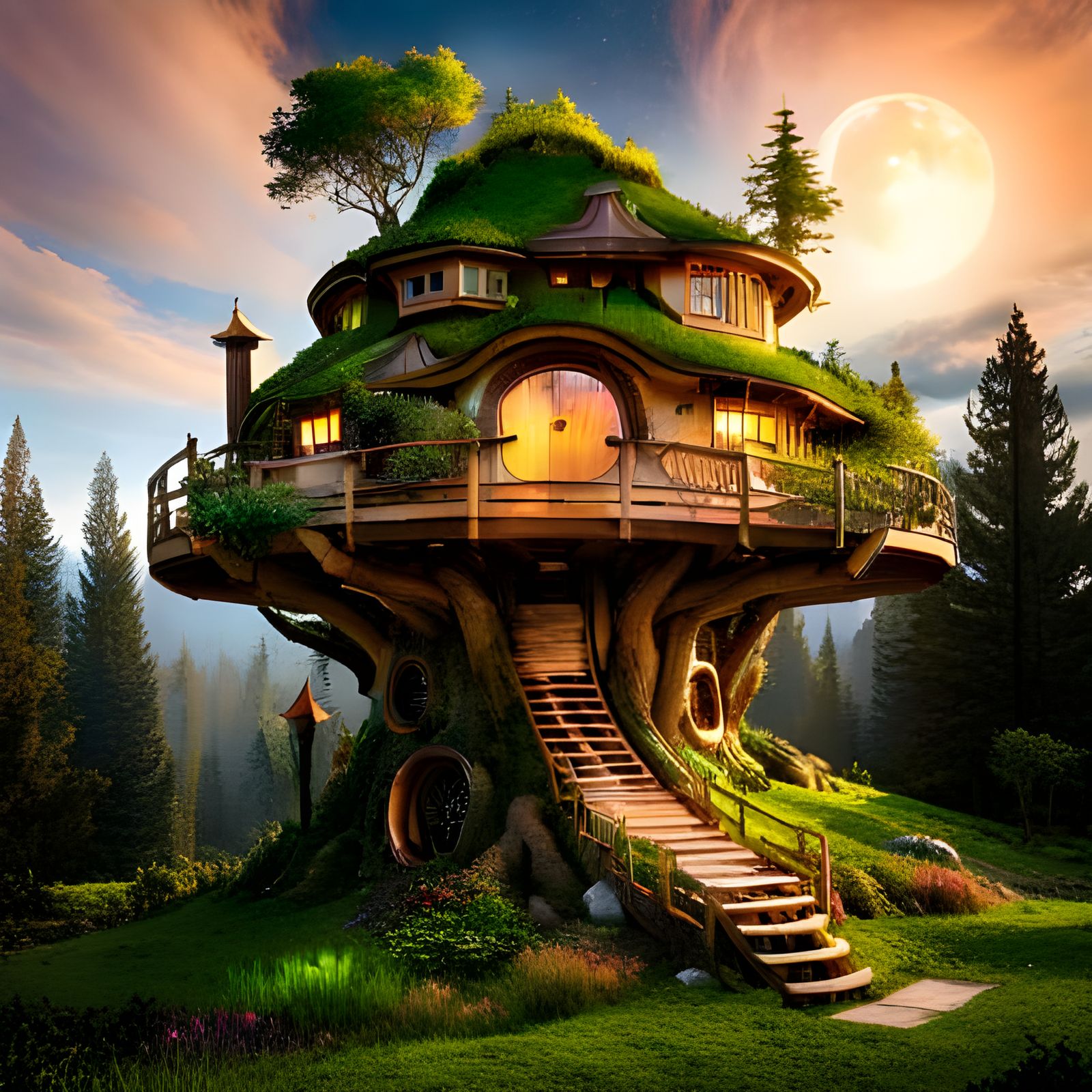 Epic Hobbit Treehouse Under Starry Night Sky