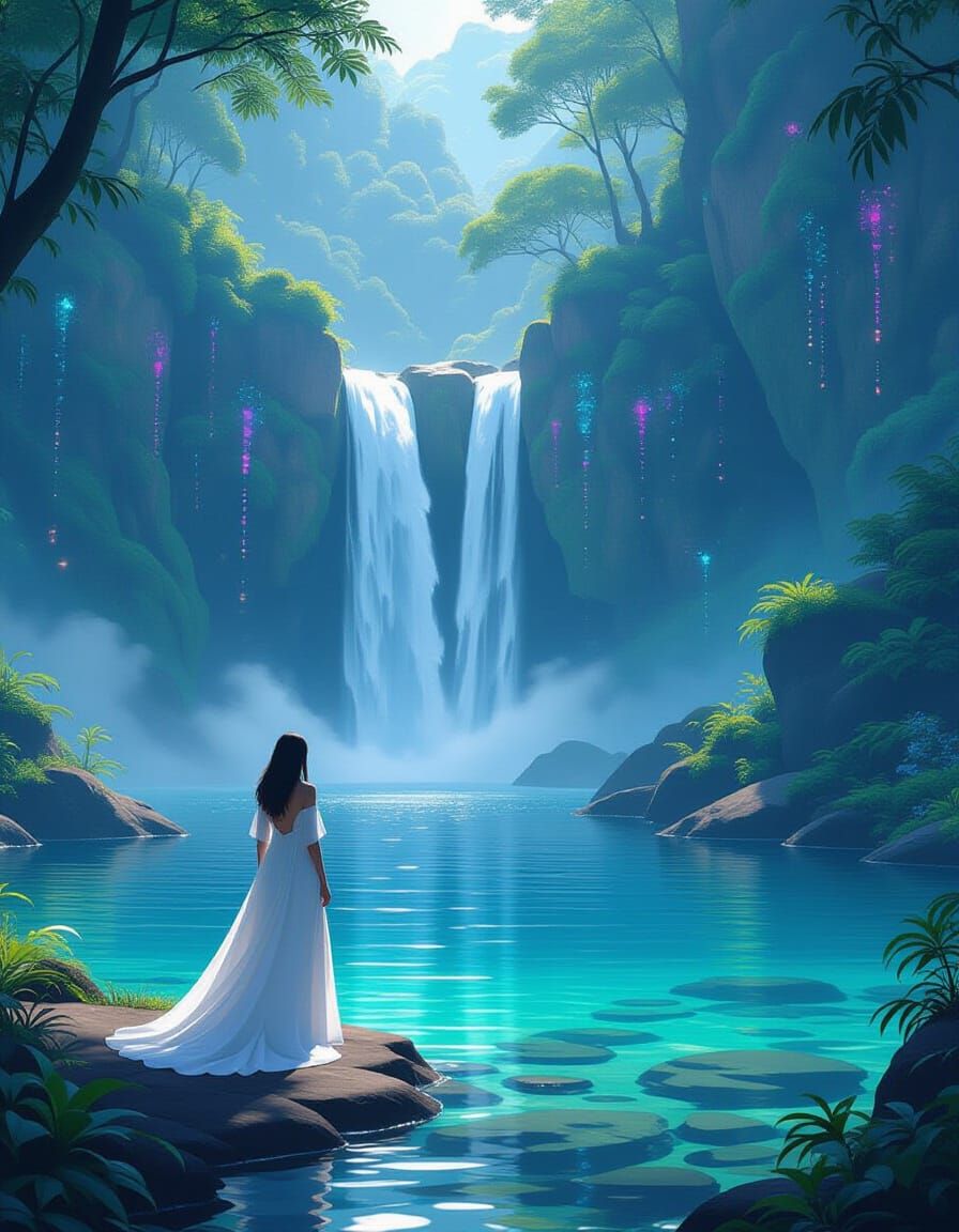 Serene Woman by Bioluminescent Waterfall in Mist