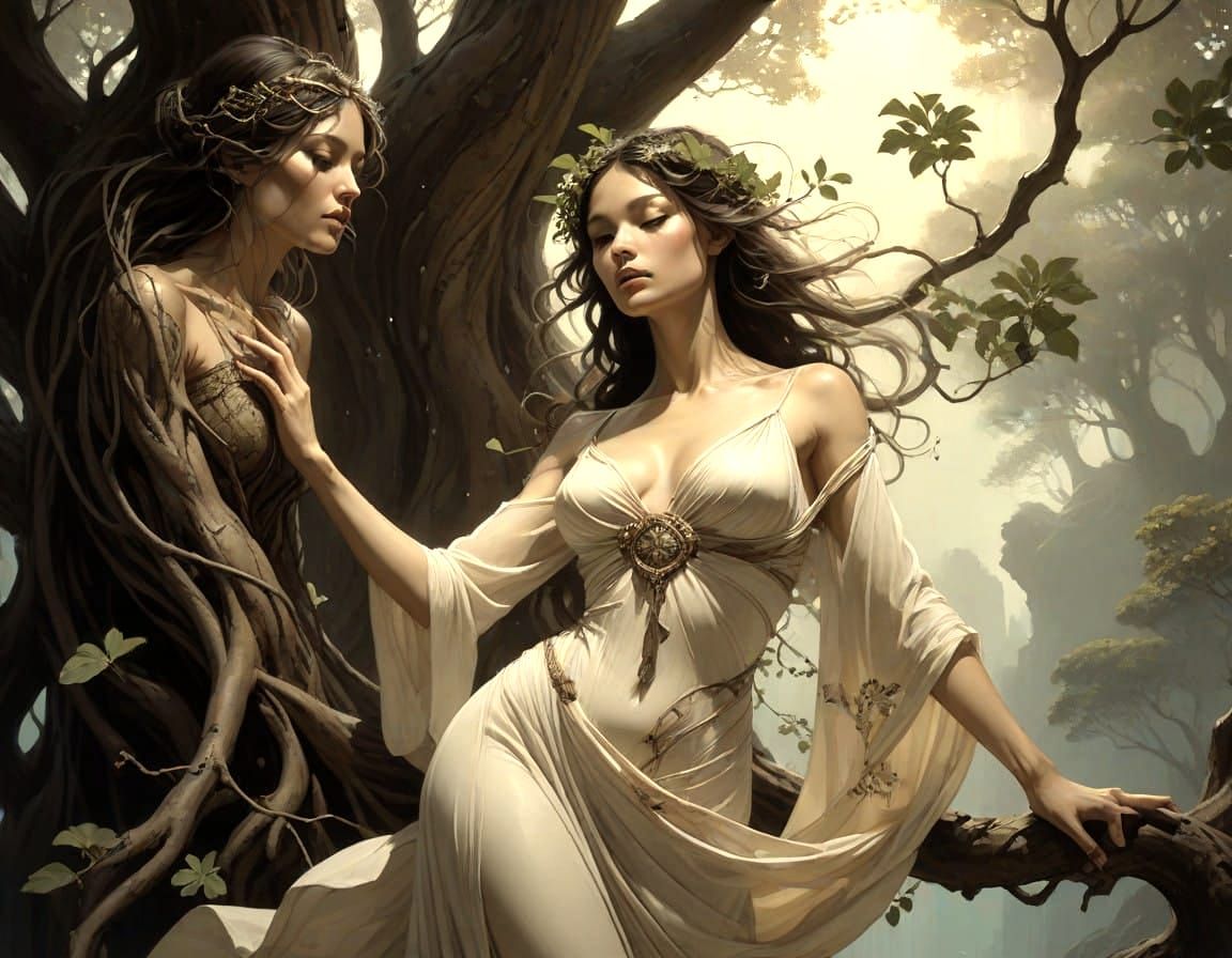 Ethereal Woman Transforms into Majestic Fig Tree in Enchanti...