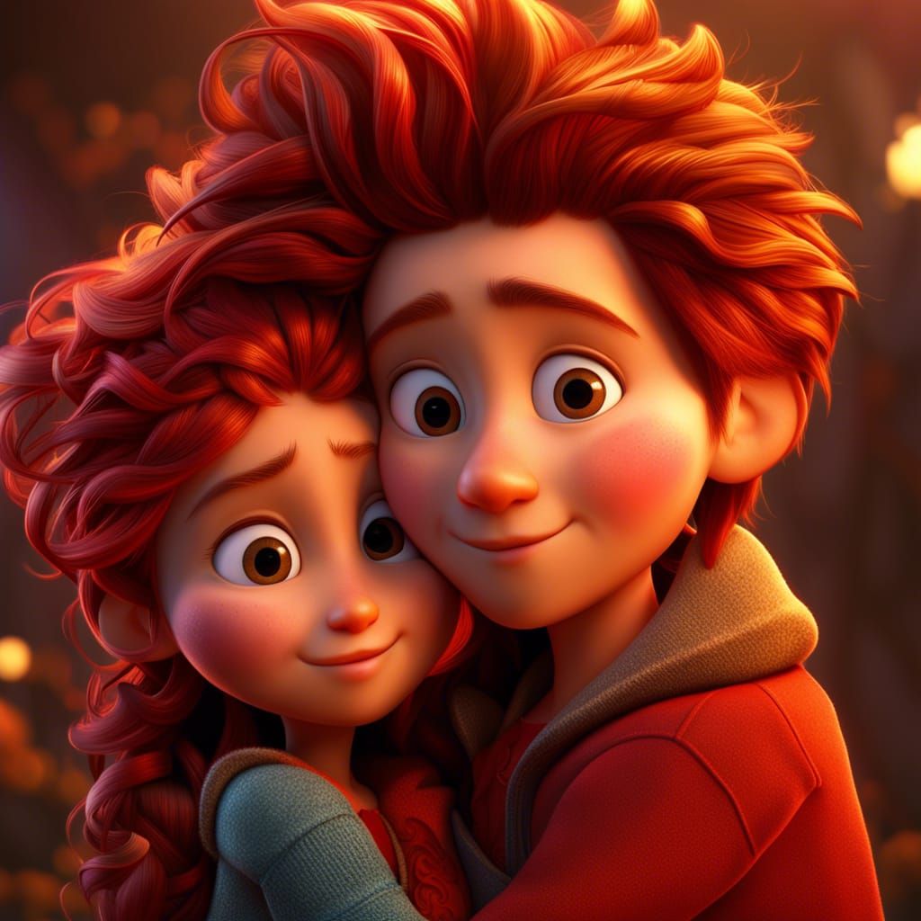 Cute Cartoon Characters Hugging in Digital Art