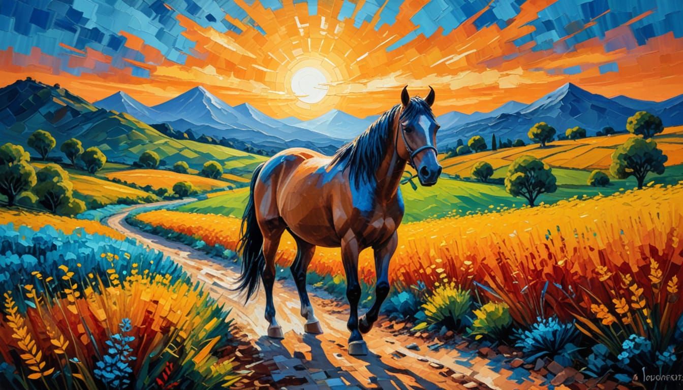 Digital Art of Rider on Horseback at Sunset