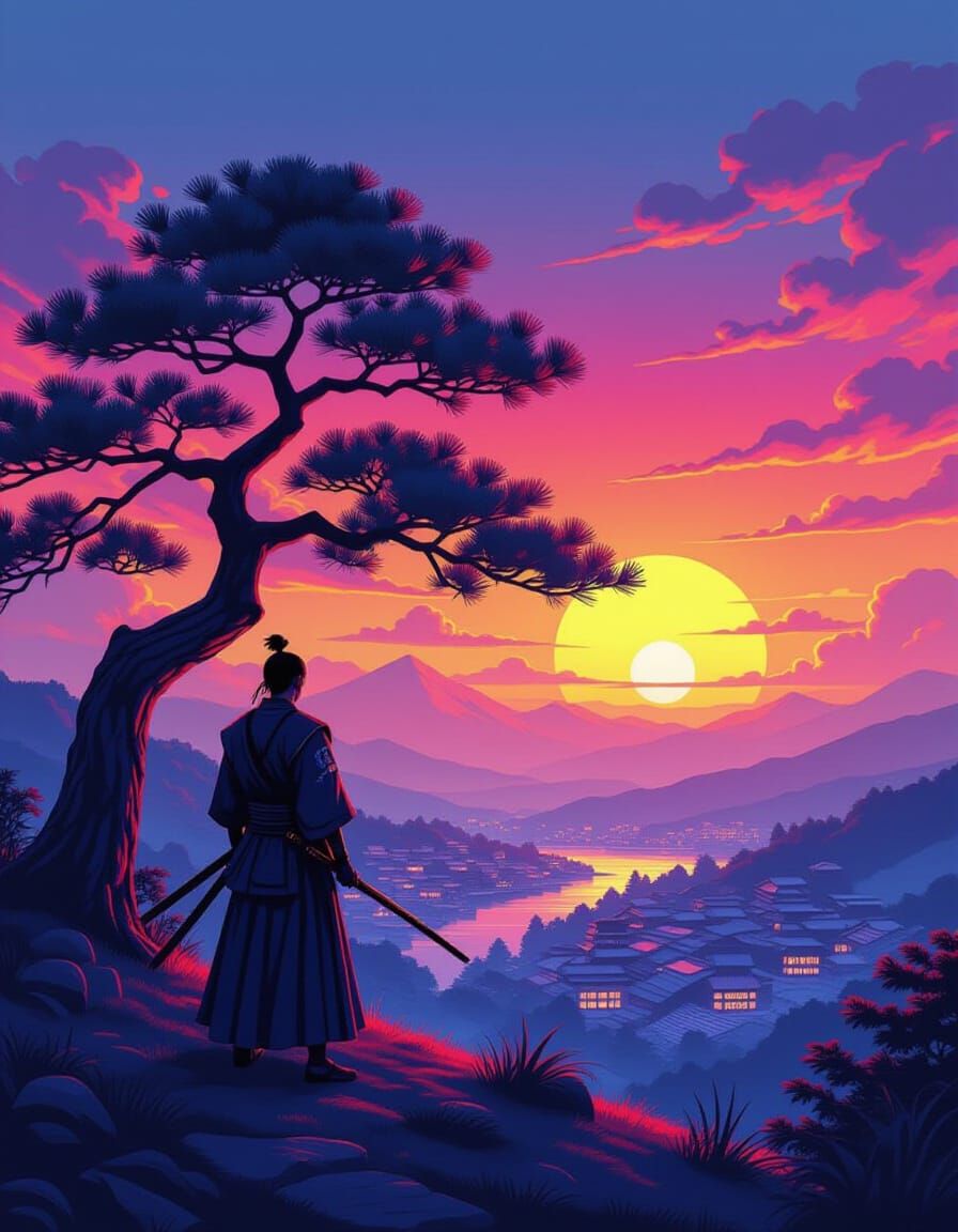 Samurai Overlooking Japanese Village in Vaporwave Style