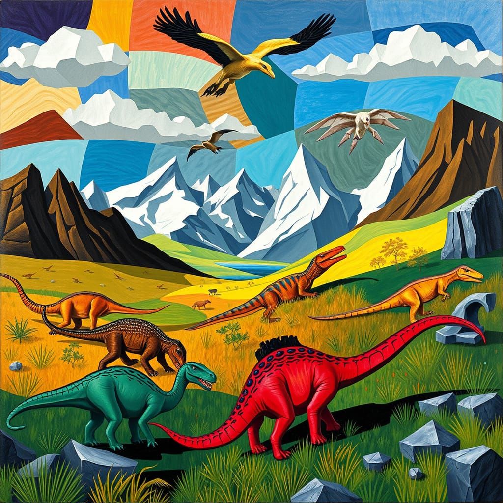 Dinosaurs Roaming in a Cubist Landscape