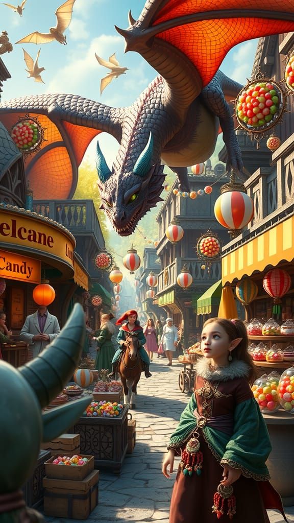 Fantasy Candy Marketplace with Magical Creatures