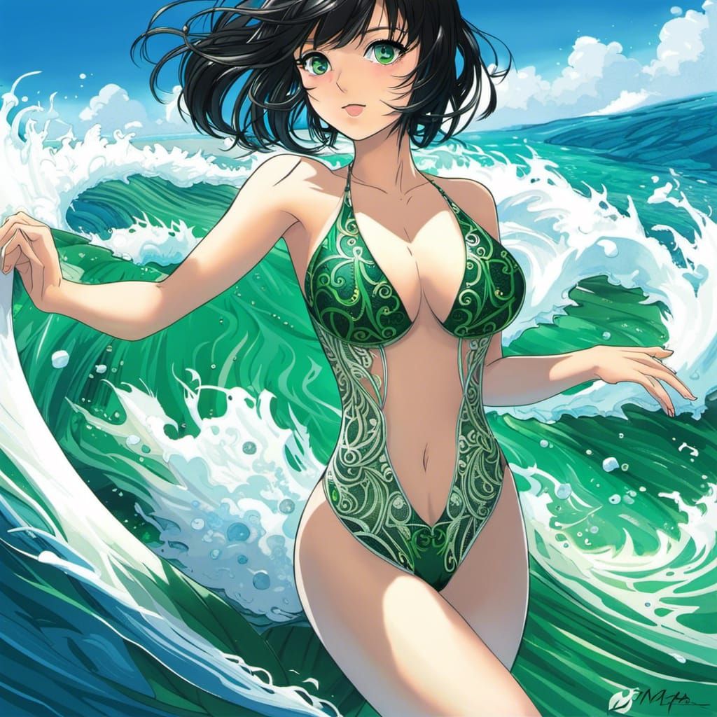 Anime Woman with Emerald Eyes Swimming in Ocean