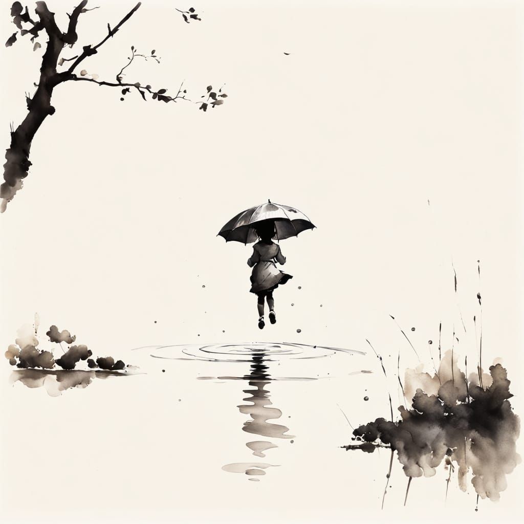 Splashing in puddles while rain gently falls