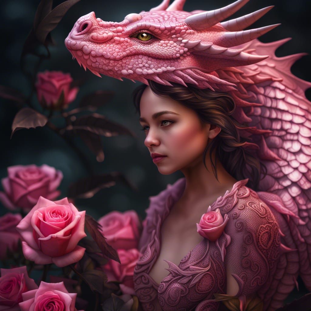 Pink Dragon Princess with Roses in Hyperrealistic Style