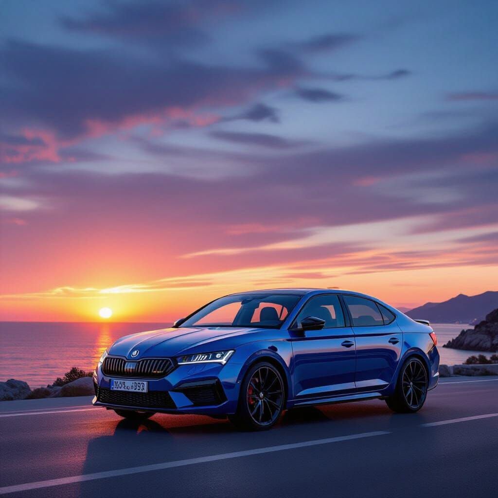 Sporty Skoda Superb RS at Mediterranean Sunset
