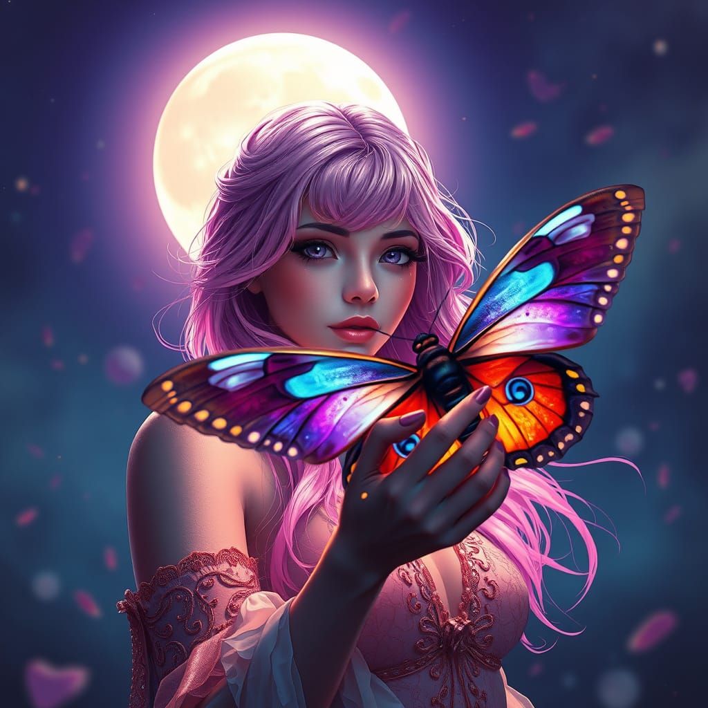 Dreamy Pink-Haired Woman with Moth in Moonlight
