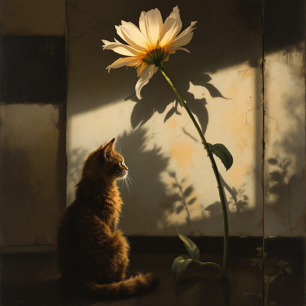 Muted Twilight Elegance: Contemplative Feline in a Weathered...