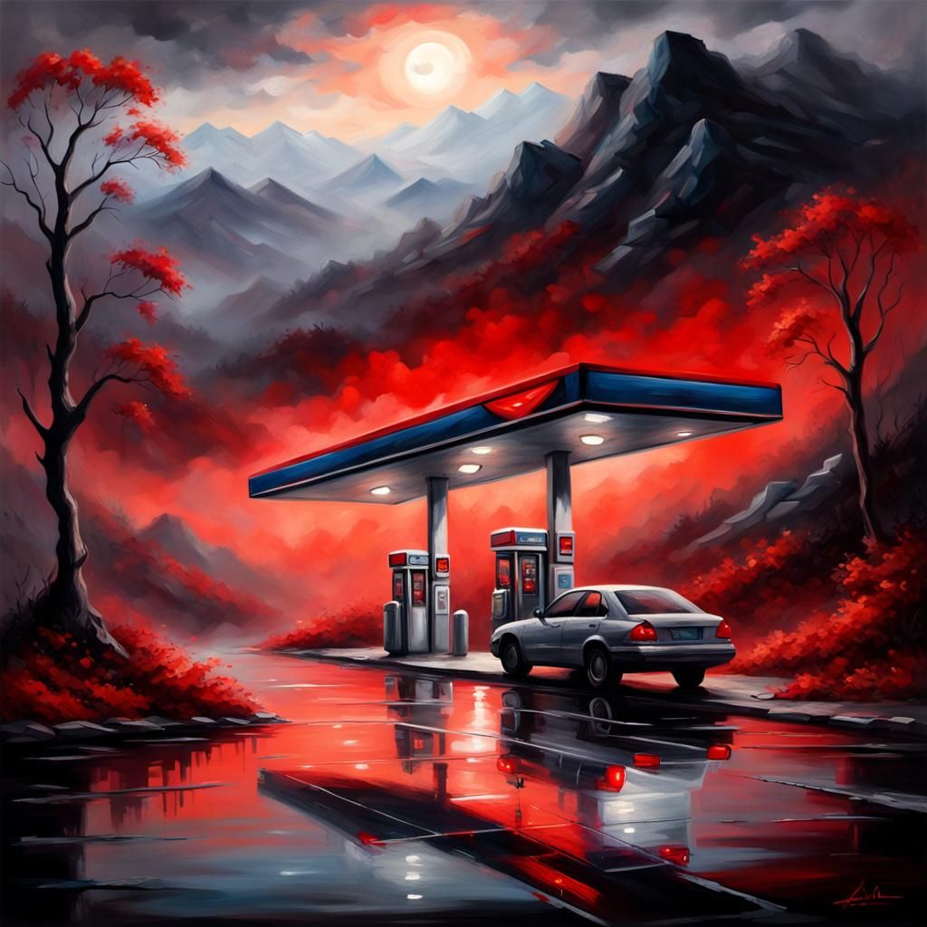 Alien Gas Station in Ominous Impasto Style