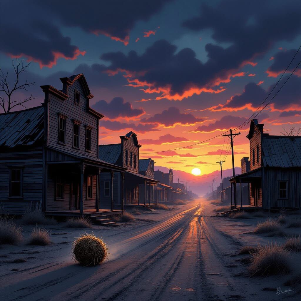 Haunting Ghost Town at Dusk in Western Gothic Style