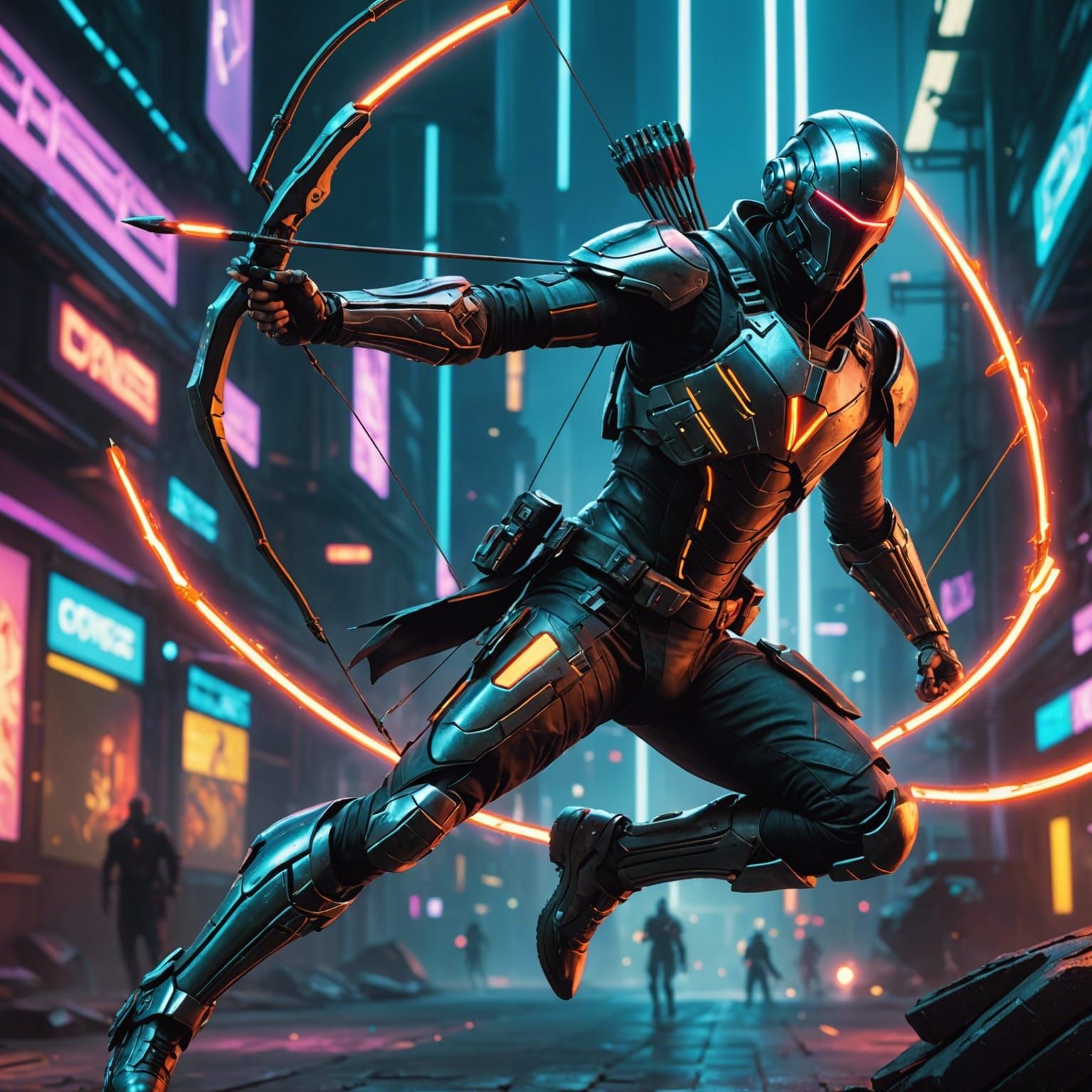 cyborg archer, jumping while firing a arrow, dungeons and dragons, D&D+Cyberpunk 2077, Furturistic Magestic Fantasy Hero...