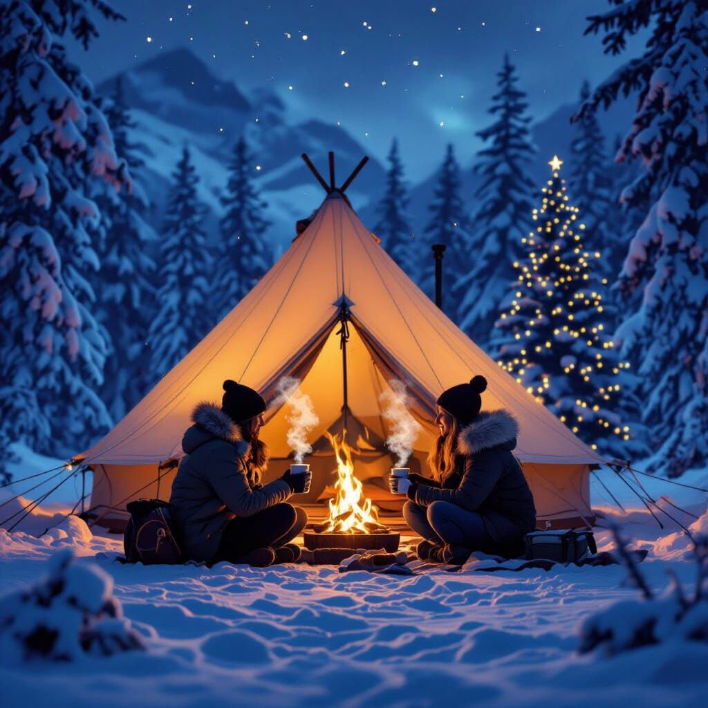Cozy Campsite and Christmas Tree in Snowy Forest