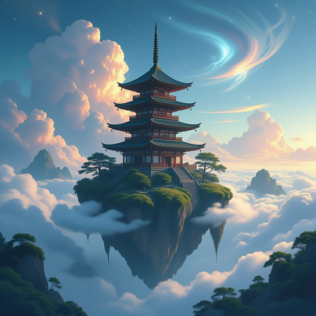 Ancient Pagoda on Floating Island Under Starry Sky