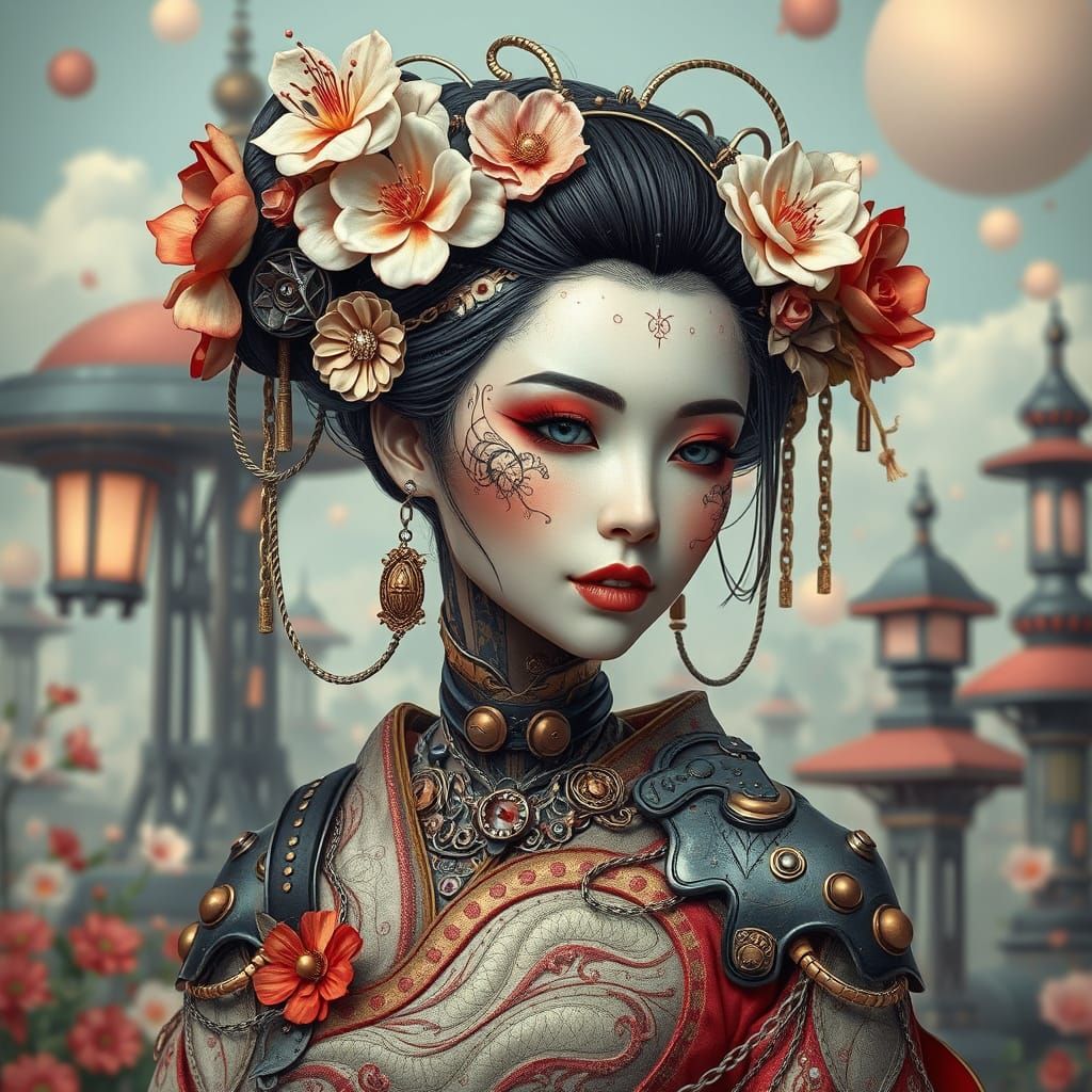 Steampunk Cyborg Geisha with Etched Florals
