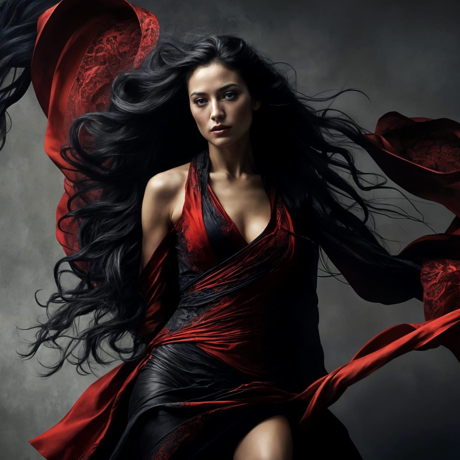Stunning Woman Portrait with Red and Black Silk