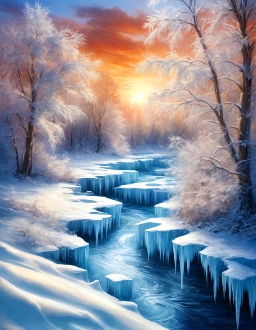 Winter Sunset Scene with Snowy Trees and River
