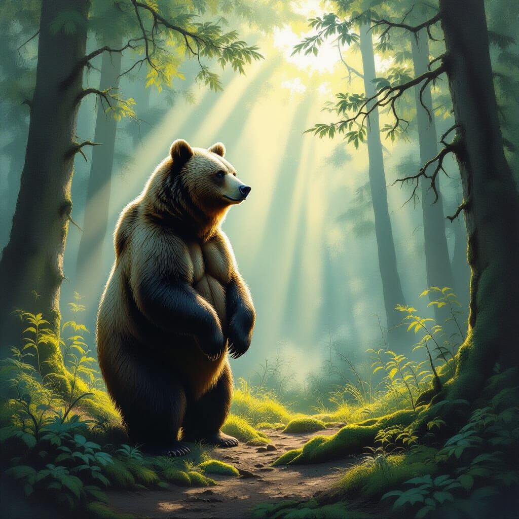 Mossy Bear in Misty Forest Clearing, Neo-Impressionist Oil