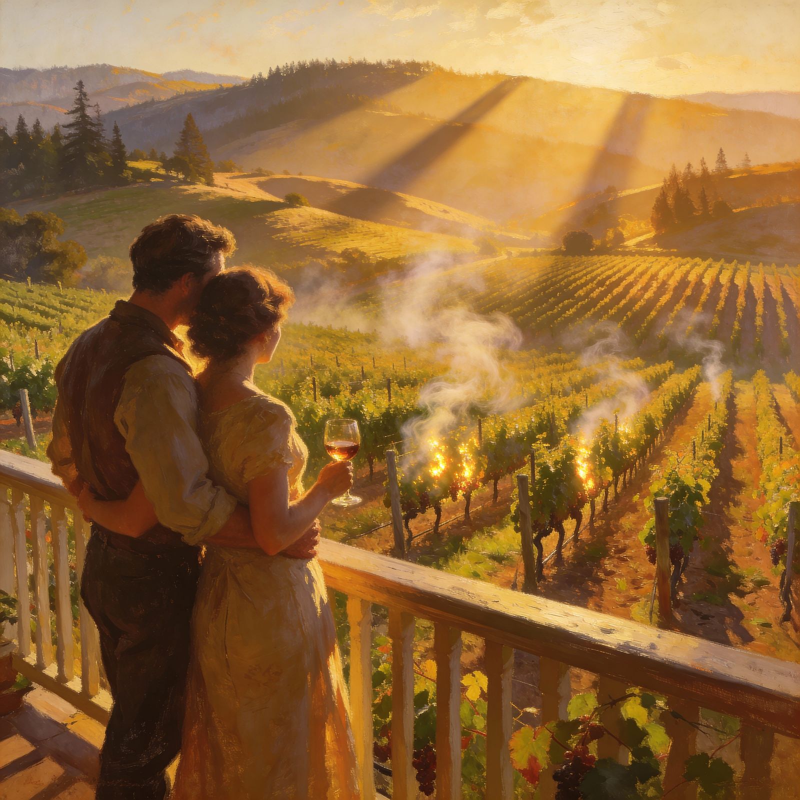 Golden Hour Vineyard Embrace in Luminous Style