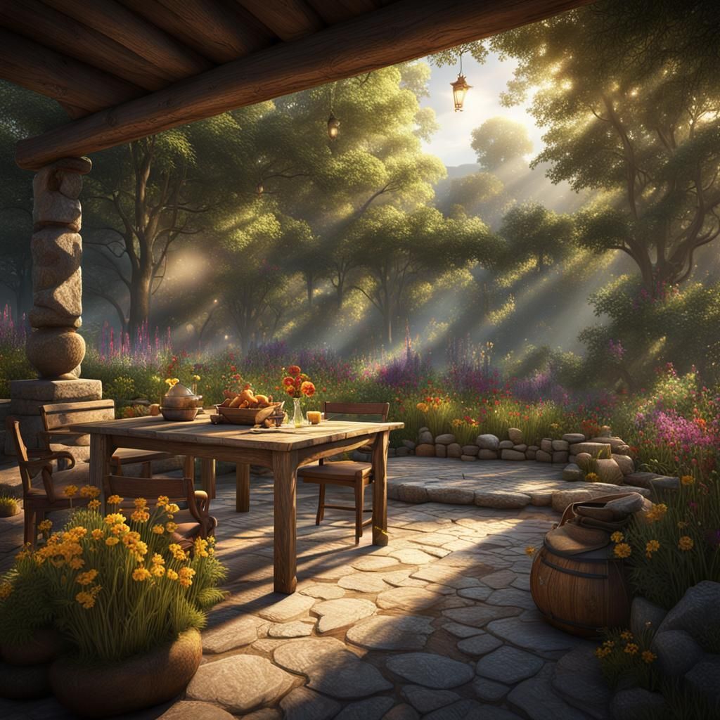 Rustic Patio with Wildflowers: Detailed Matte Painting