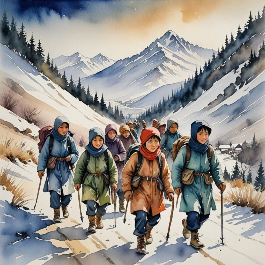 Children in Winter Attire on a Snowy Mountain Road in Waterc...