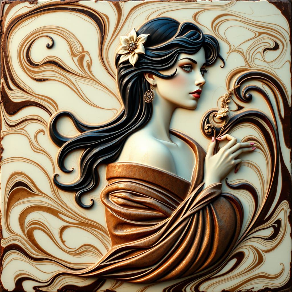 Art Nouveau Chocolate Bas-Relief of Beautiful Girl