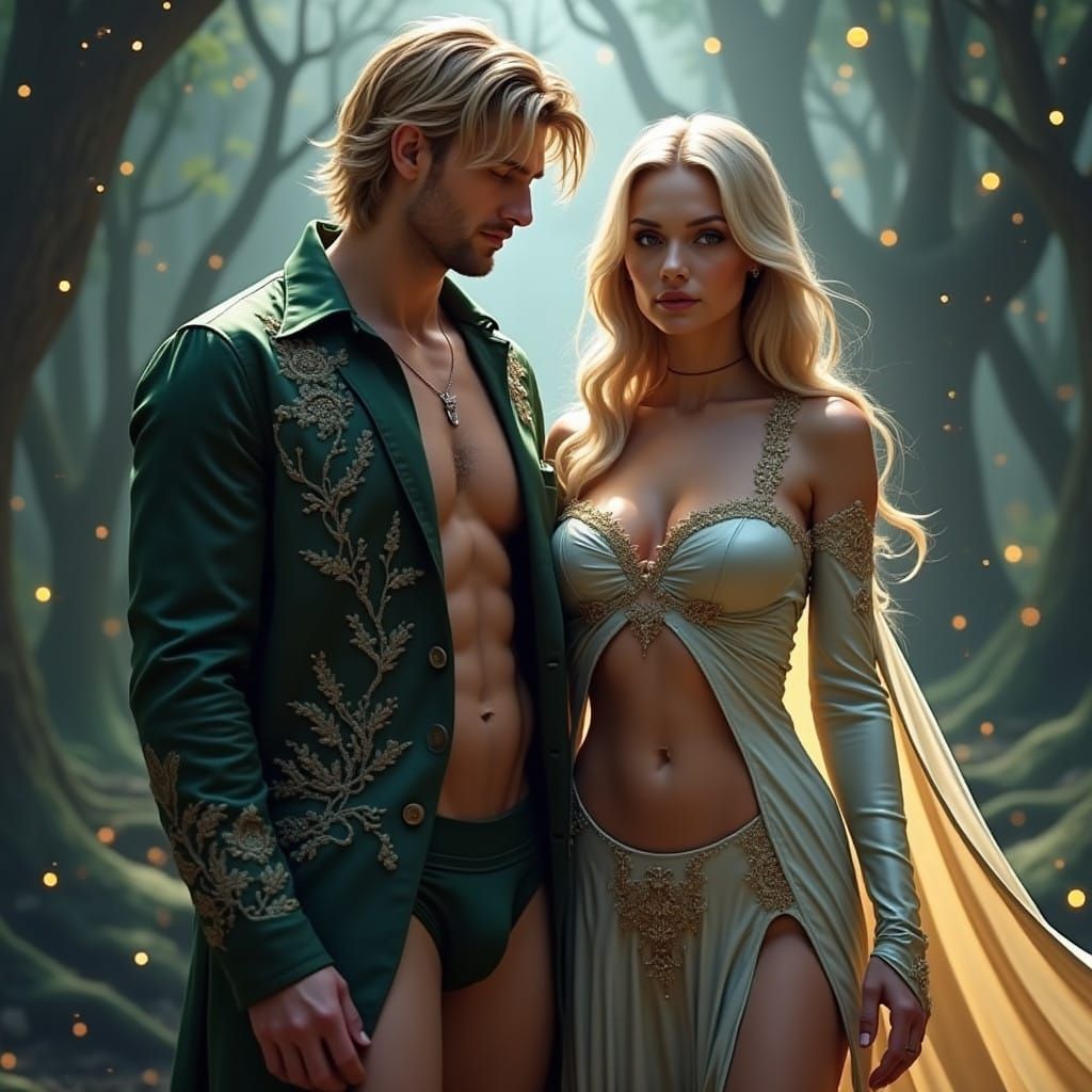 Man and Woman in Ancient Forest, Fantastical Realism Style