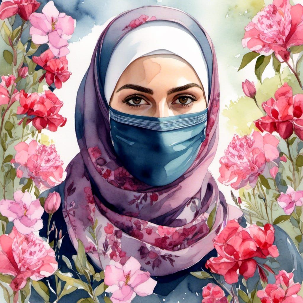 Watercolor of Woman in Hijab Exploring Garden