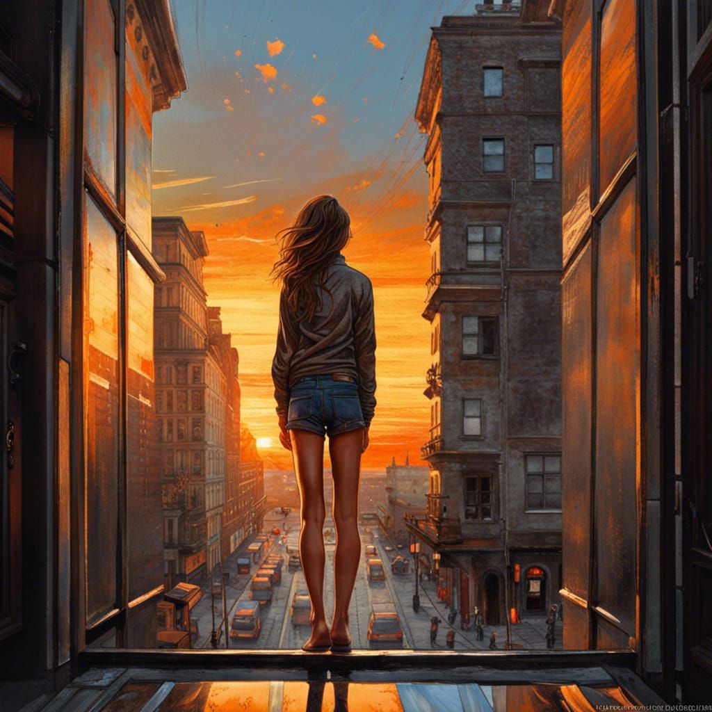 Sunset Street View Through Window, Hyperrealistic