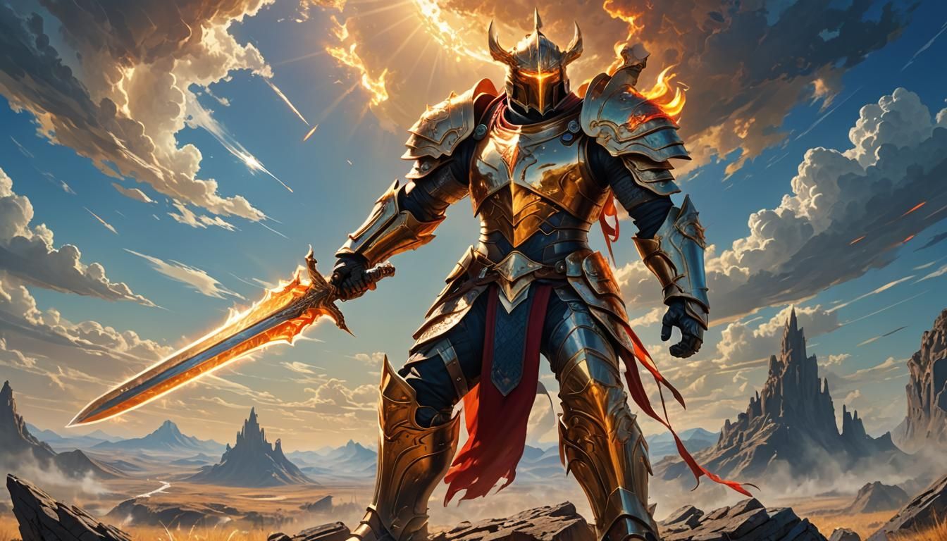 Armored Warrior with Sunbreaker Sword in Fantasy Landscape