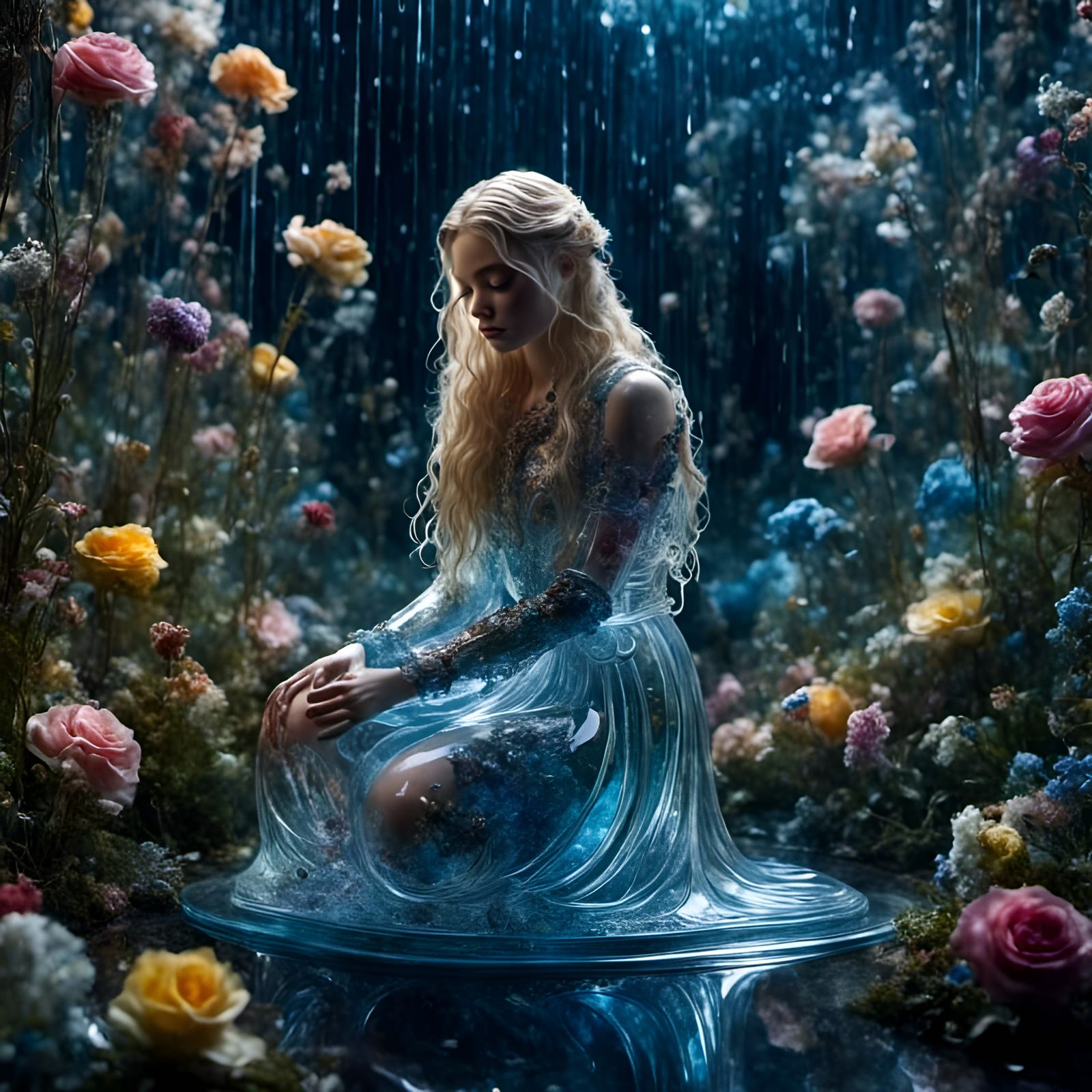 Glass Cyborg Mourning in the Rain