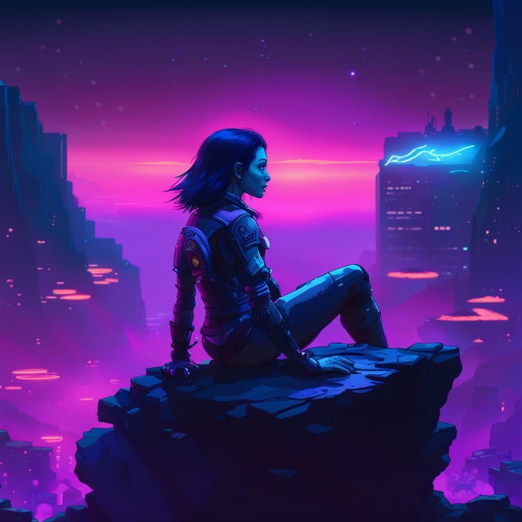Alita Stargazing in a Cyberpunk Nightscape