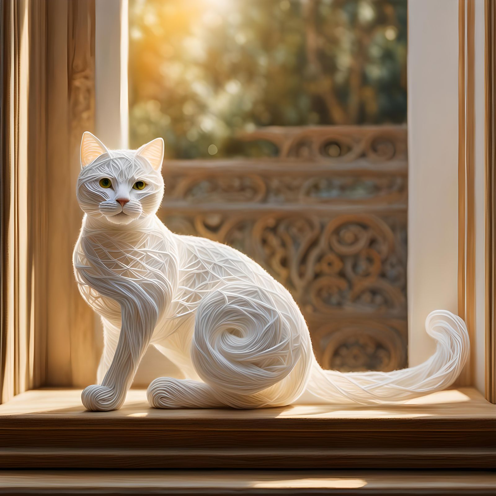 Elegant String Cat on Windowsill, Hyperrealistic HDR