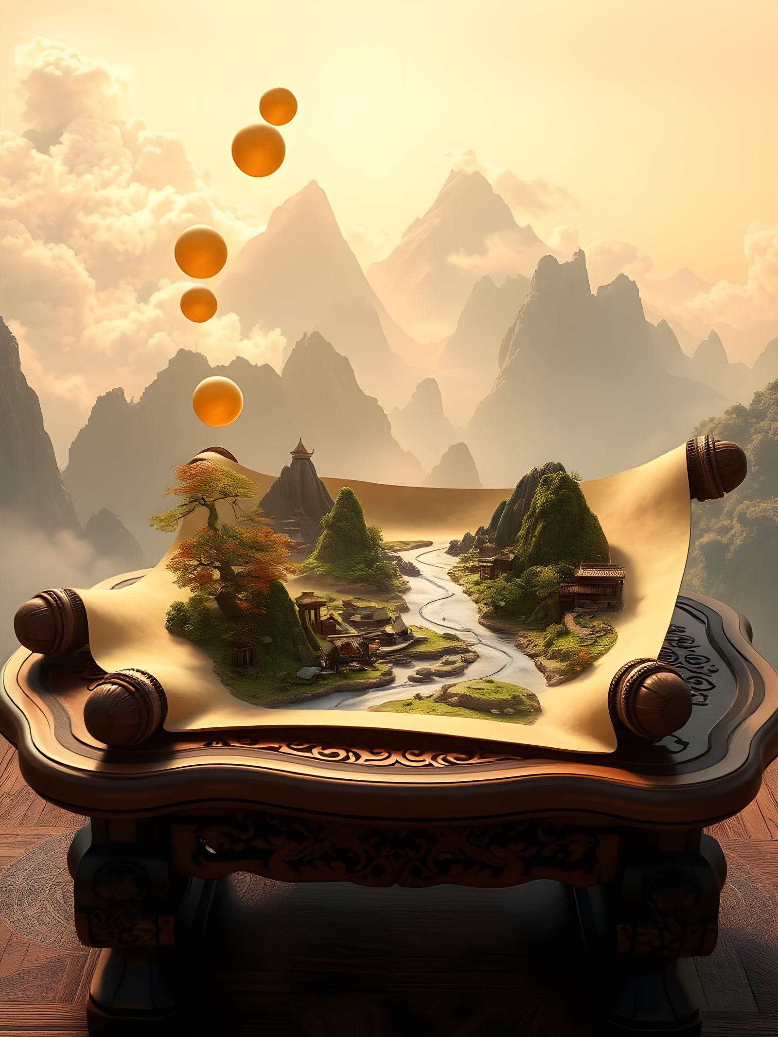Mystical Scroll Unveiling 3D Asian Landscape