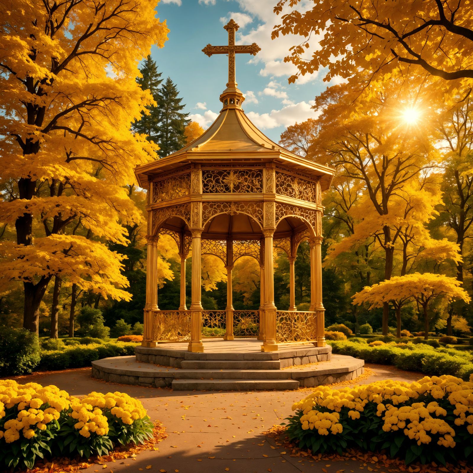 Golden Gazebo in Autumn Forest Park